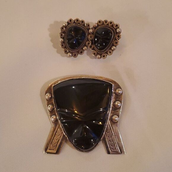 Vintage Taxco Black Onyx Brooche and Earrings! , Sterling Silver, Stamped 925! - Picture 12 of 13